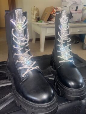 Cape Robbin Black Rhinestone Lace-Up Combat Boots
